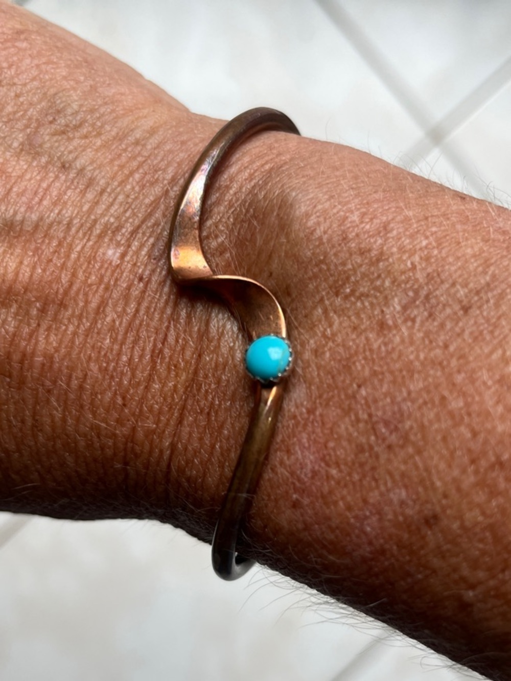 Handmade Navajo Turquoise Accent Wavy Copper Bangle Bracelet-stamped with makers